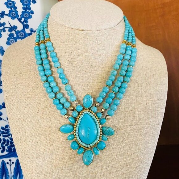 Anthropologie Nakamol Turquoise Howlite Beaded Statement Necklace - Picture 1 of 5